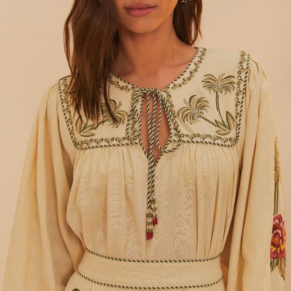 FARM Rio Tops - Farm Rio Sand Tropical Flower Embroidered LENZING™ ECOVERO™ Euroflax™ Blouse
